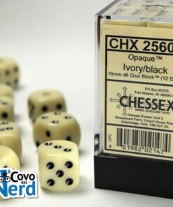 Set 12 D6 Opaque Ivory w/Black 16mm - Chessex 25600