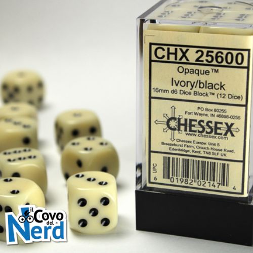 Set 12 D6 Opaque Ivory w/Black 16mm - Chessex 25600