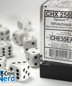 Set 12 D6 Opaque White w/Black 16mm - Chessex 25601