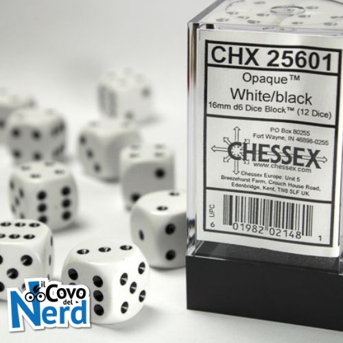Set 12 D6 Opaque White w/Black 16mm - Chessex 25601