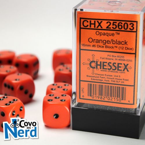 Set 12 D6 Opaque Orange w/Black 16mm - Chessex 25603