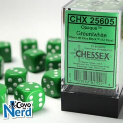 Set 12 D6 Opaque Green w/White 16mm - Chessex 25605