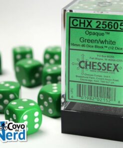 Set 12 D6 Opaque Green w/White 16mm - Chessex 25605