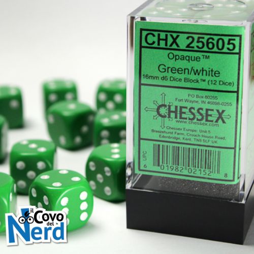 Set 12 D6 Opaque Green w/White 16mm - Chessex 25605