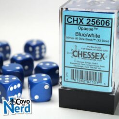 Set 12 D6 Opaque Blue w/White 16mm - Chessex 25606