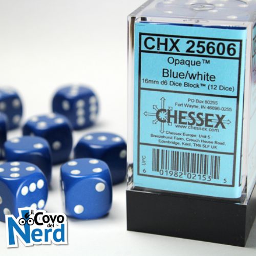 Set 12 D6 Opaque Blue w/White 16mm - Chessex 25606