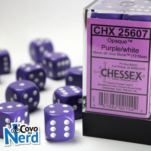 Set 12 D6 Opaque Purple w/White 16mm - Chessex 25607
