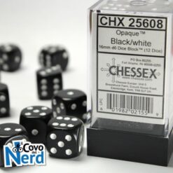 Set 12 D6 Opaque Black w/White 16mm - Chessex 25608
