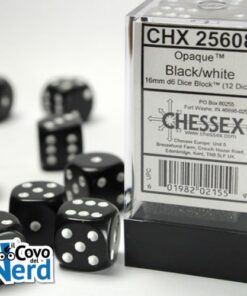 Set 12 D6 Opaque Black w/White 16mm - Chessex 25608