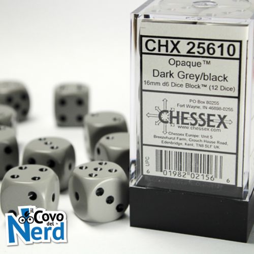 Set 12 D6 Opaque Grey w/Black 16mm - Chessex 25610