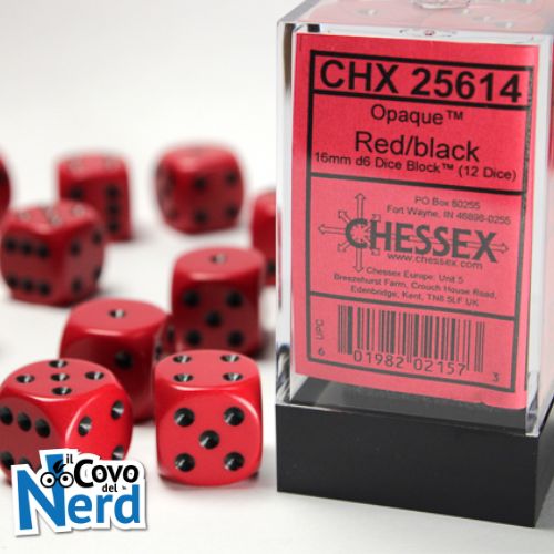 Set 12 D6 Opaque Red w/Black 16mm - Chessex 25614