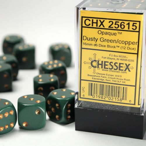 Set 12 D6 Opaque Dusty Green w/Copper 16mm - Chessex 25615