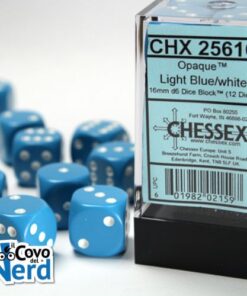 Set 12 D6 Opaque Light Blue w/White 16mm - Chessex 25616