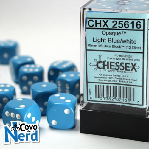 Set 12 D6 Opaque Light Blue w/White 16mm - Chessex 25616