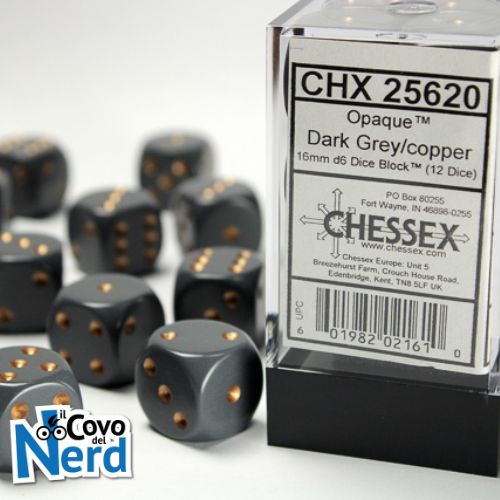 Set 12 D6 Opaque Dark Grey w/Copper 16mm - Chessex 25620