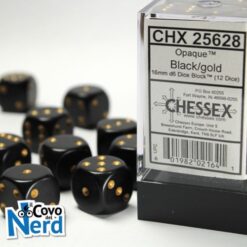 Set 12 D6 Opaque Black w/Gold 16mm - Chessex 25628