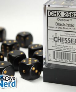 Set 12 D6 Opaque Black w/Gold 16mm - Chessex 25628
