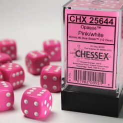 Set 12 D6 Opaque Pink w/White 16mm - Chessex 25644