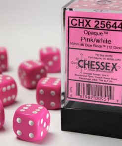 Set 12 D6 Opaque Pink w/White 16mm - Chessex 25644