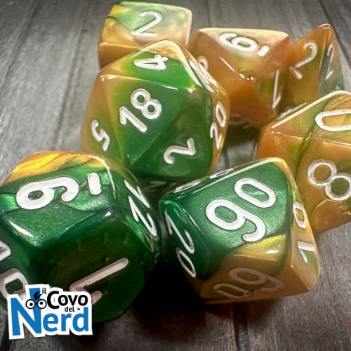 Set 7 Dadi Gemini Gold-Green w/White - Chessex 26425