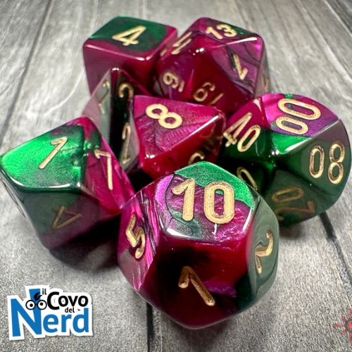Set 7 Dadi Gemini Purple-Green w/Gold - Chessex 26434