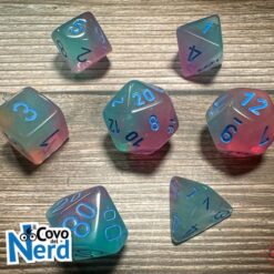 Set 7 Dadi Gemini Gel Green-Pink w/Blue Luminary - Chessex 26464