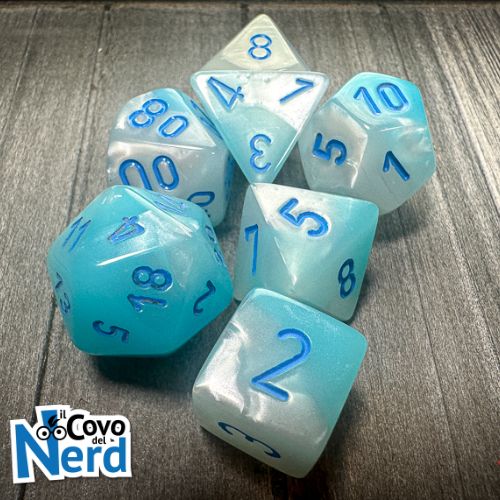 Set 7 Dadi Gemini Pearl Turquoise-White w/Blue Luminary - Chessex 26465
