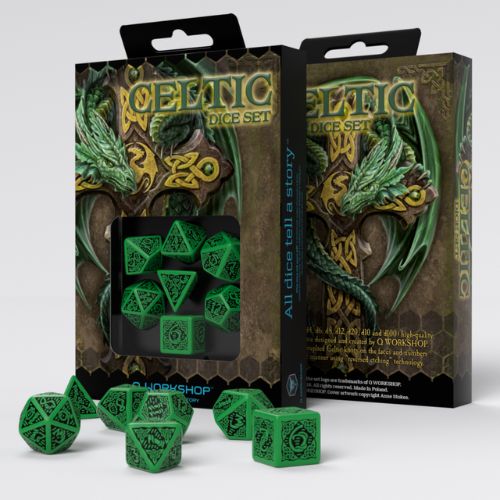 Celtic 3D Revised Black & Green Dice Set - Q-Workshop