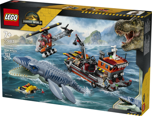 LEGO Jurassic World 77983 Attacco alla Barca del Dinosauro Mosasaurus, Giocattolo con Nave, Dinosauro e Elicottero, Regalo 7+ - immagine 5