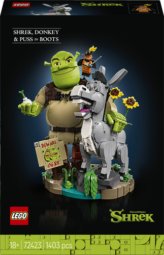 LEGO 72423 Shrek, Ciuchino e Gatto con gli Stivali, Kit Modellismo per Adulti da Esposizione con 3 Personaggi, Regalo per Fan