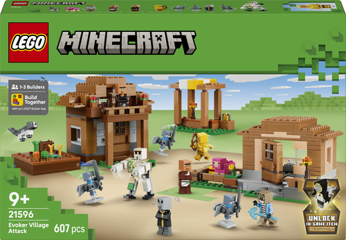 LEGO Minecraft 21596 Attacco al Villaggio dell’Evocatore, Casa Giocattolo con Giardino e 11 Personaggi, Regalo per Bambini 9+