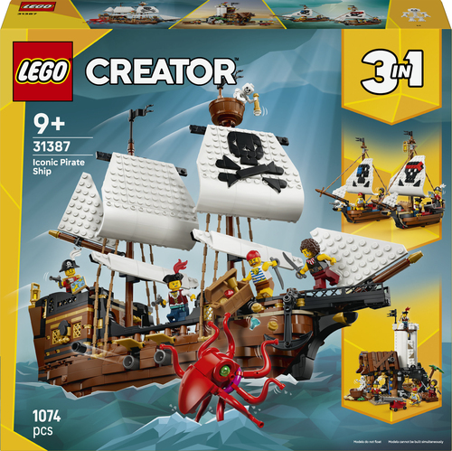 LEGO Creator 3in1 31387 Iconica Nave da Pirata, Giocattolo Trasformabile in Castello o in 2 Barche Gemelle, Regalo Bambini 9+